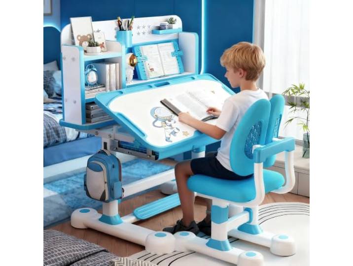 ilkqeppe Kinder-Schreibtisch- und Stuhl-Set, Kinderschreibtische, Jungen-Mädchen-Schreibtisch für Kinderzimmer, höhenverstellbarer Kinder-Lerntisch und Stuhl-Set mit neigbarer Zeichentischplatte