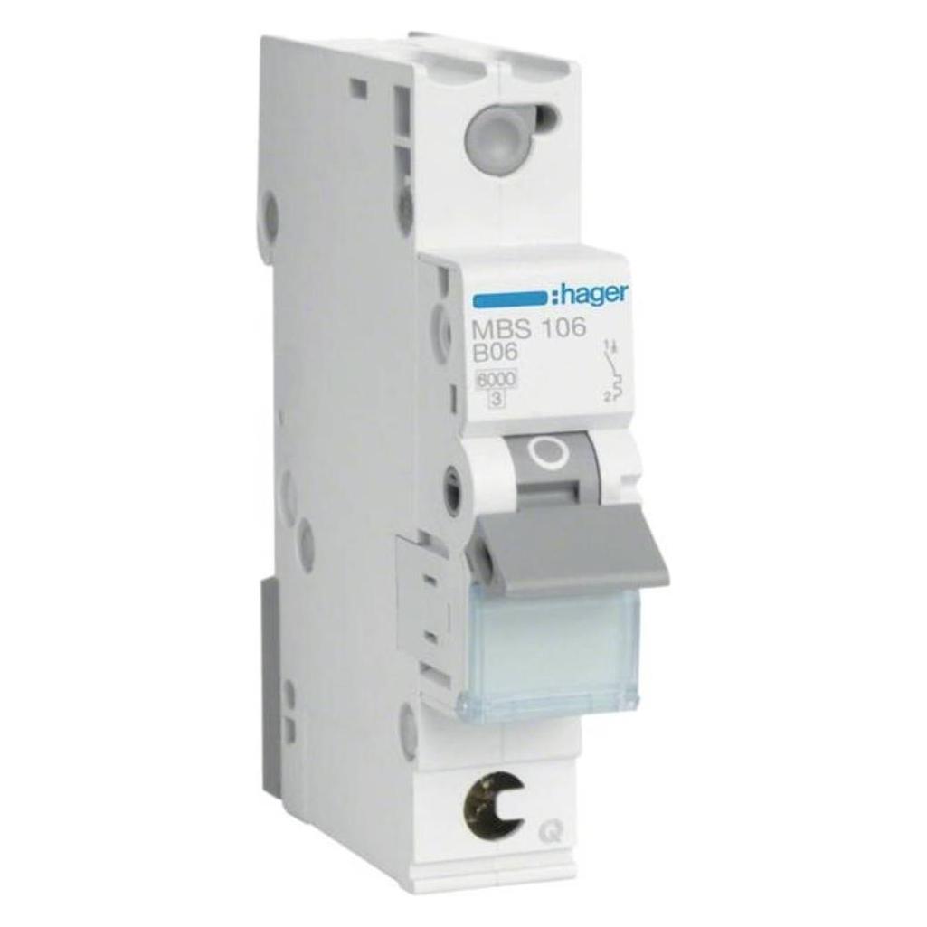 Hager MBS106. Nennstrom: 6 A, AC Eingangsfrequenz: 50/60 Hz. Typ: B-type, Module Menge (max): 1 Modul(e). (MBS106)