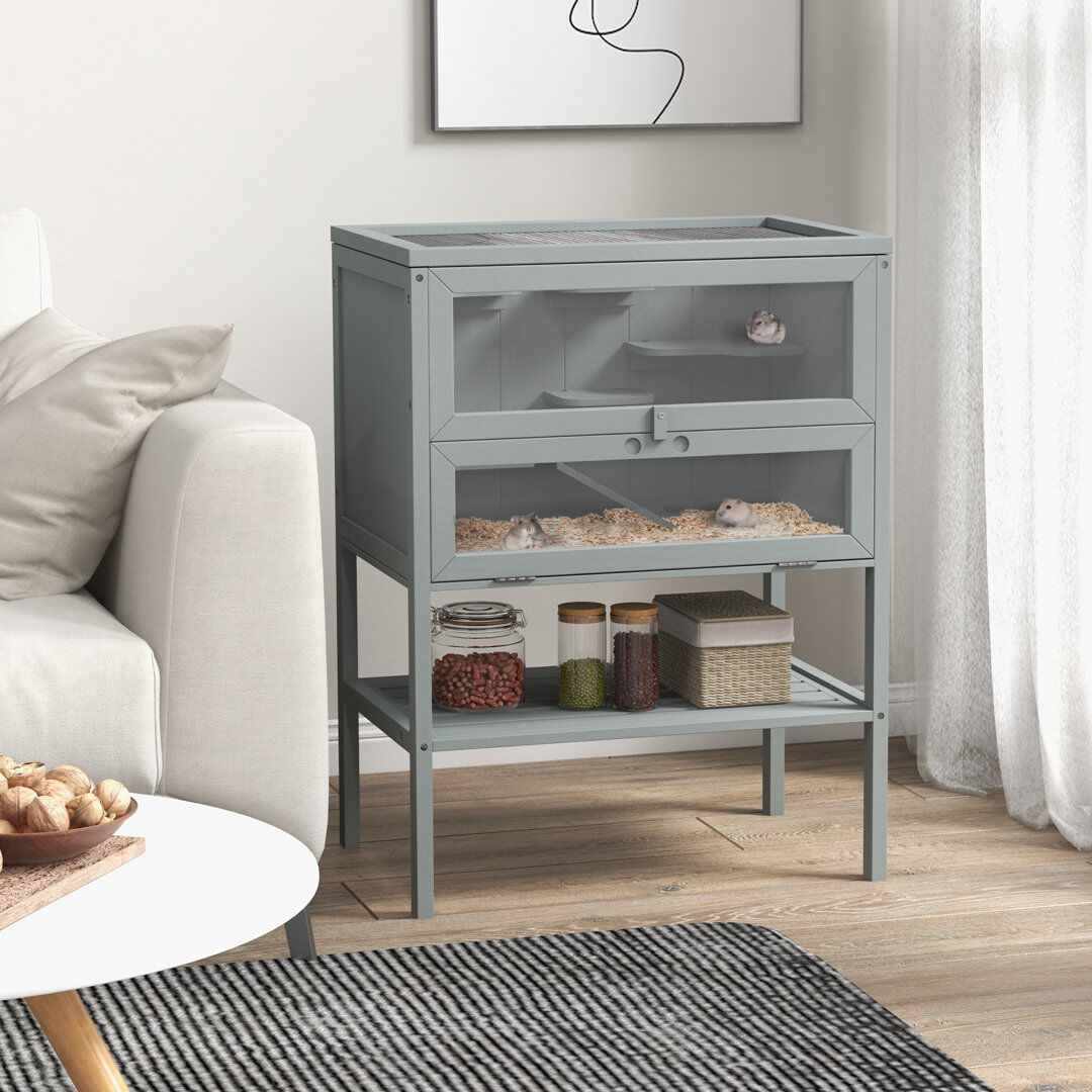 PawHut Wooden Hamster Cage with Storage Shelf Openable Top for Gerbils Grey 80cm H X 60cm W X 40cm D