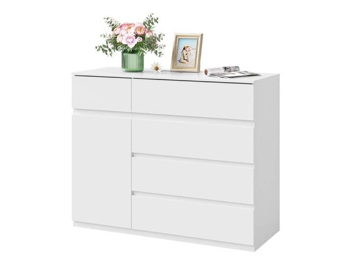 Commode Chambre WOLTU - 5 Tiroirs et 1 Placard - 100x40x80cm - Étagère Réglable - Blanc