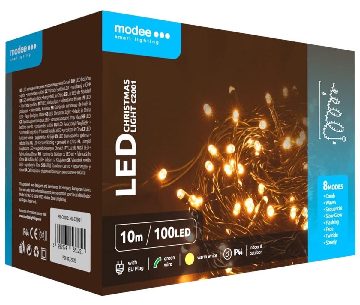 Modee Lichtsnoer Kerst 10 Meter - 5 stuks - 100 LED Lampjes - Warm Wit Licht - 8 Lichtstanden - IP44