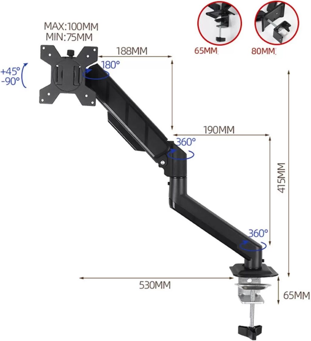 INF Einarmiger Monitorarm mit Vollbewegung, VESA 75x75/100x100, 10kg Kapazität, für 10 bis 32 inch Displays