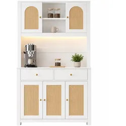 Merax Küchenschrank Hochschrank 100 x 40 x 180 cm mit LED-Beleuchtung, Kaffee-Bar, Steckdose, Rattan-Türen, Stauraum & Arbeitsfläche, Weiß