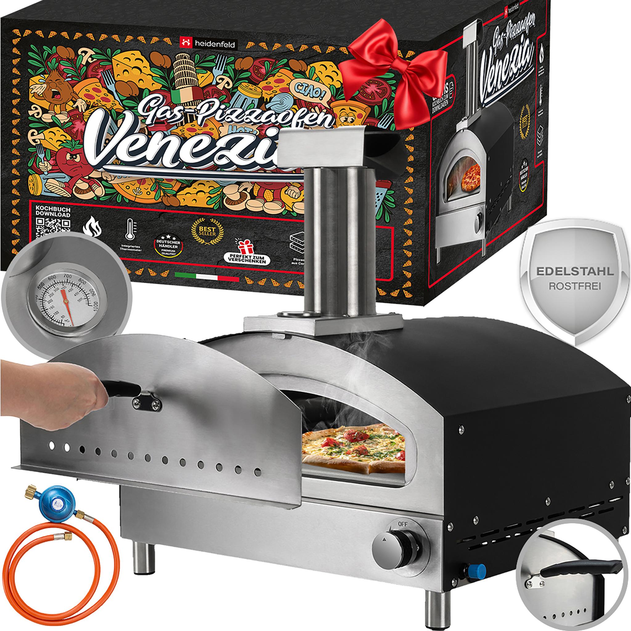 Heidenfeld Gas Pizzaofen Venezia | Pizzastein Cordierit - bis zu 500° C - Edelstahl - Pizza Maker - Outdoor Ofen - Thermometer - Steinofen - Silber