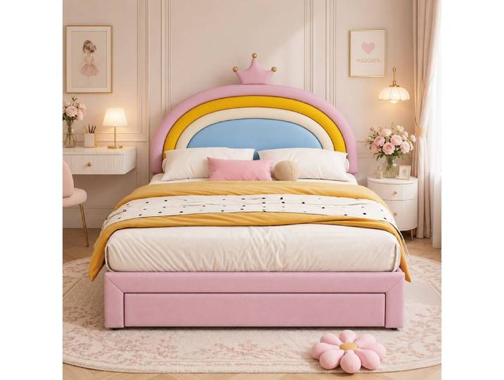 SENVIRO Lit enfant rembourré 140 x 200 cm rose tête de lit arc-en-ciel réglable tiroir sans matelas