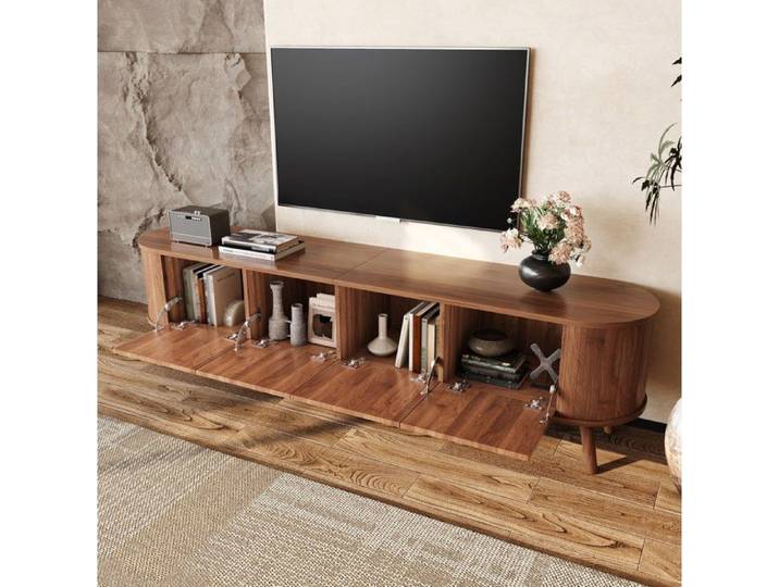 meuble tv meuble rangement portes abattantes 180x38x47 cm finition noyer style vintage salon EVRYAE
