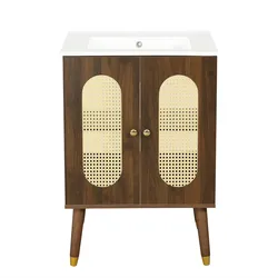 WASCHTISCHUNTERSCHRANK Walnuss mit Rattan-Türen & Keramikbecken
