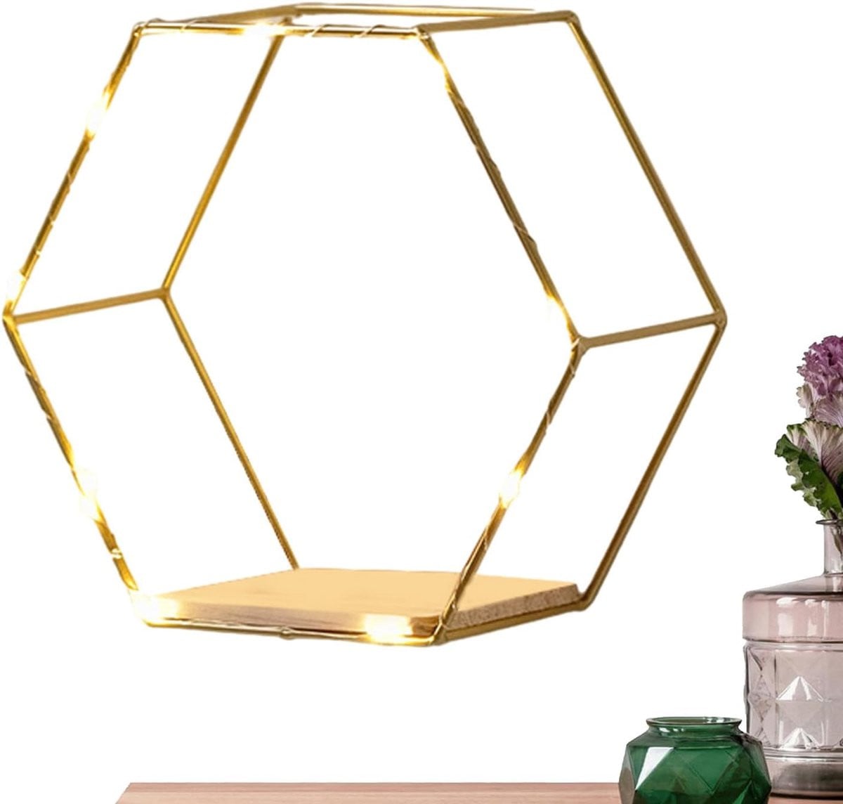 Set van 3 Zeshoekige Wandplanken met Sfeerverlichting - Goud