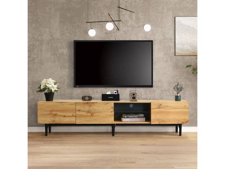 Meuble TV - Design contemporain - LED RGB 7 couleurs - Ouverture silencieuse - Bois noir 175x31x41cm
