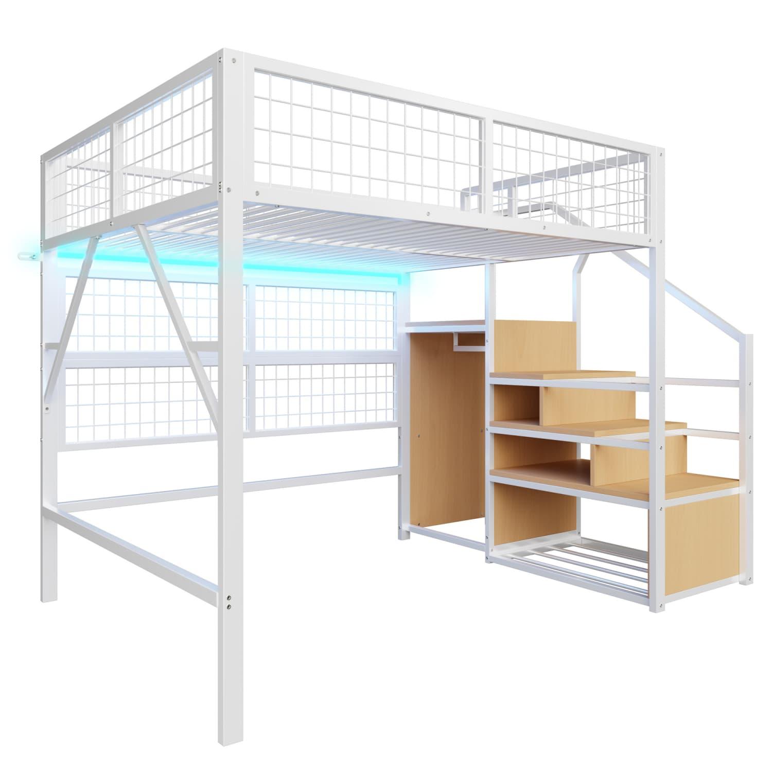 Eisenbett,Etagenbett,Hochbett 140*200cm,Kinderbett,Metall-Hochbett mit APP-gesteuerten LED-Lichtleisten Treppe mit Stauraum,offenem Kleiderschrank