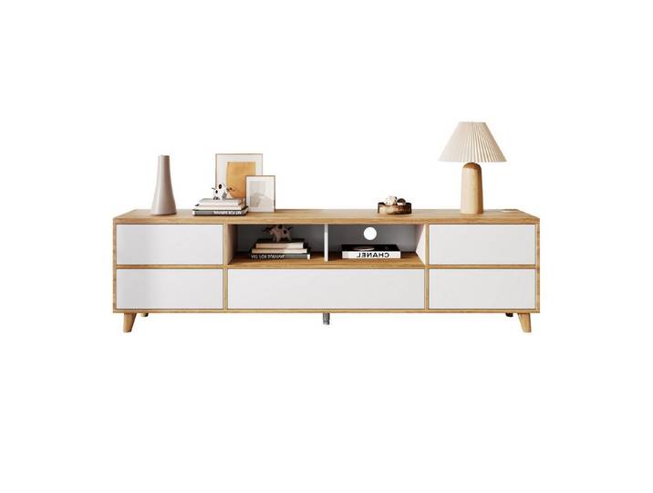 Merax Lowboard mit Holzfüße und 5 Türen, TV-Schrank mit 8 Fächern,Breite 175cm