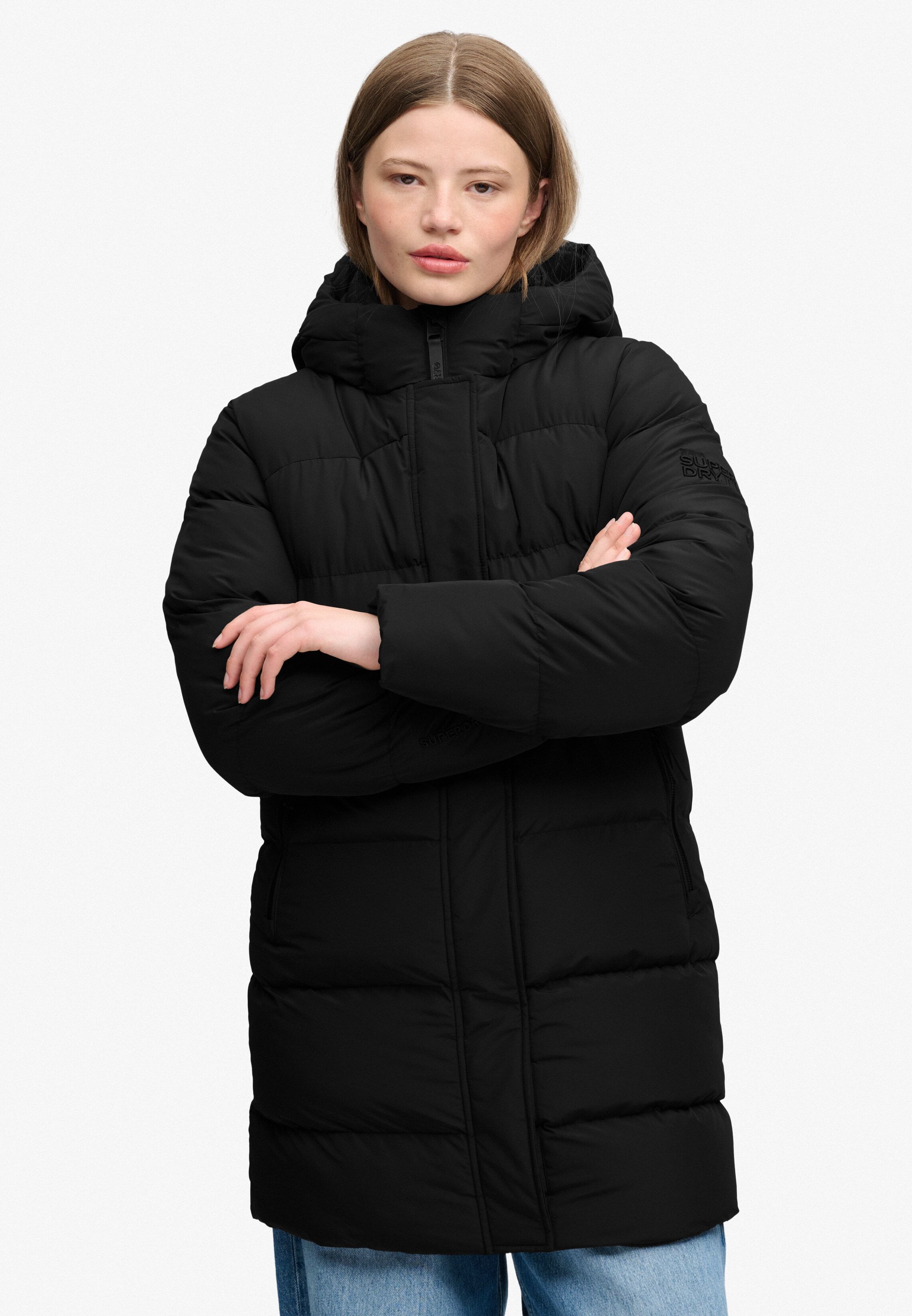 Steppjacke SUPERDRY "HOODED SPORTS PUFFER MID JKT", Damen, Gr. XS, schwarz, Steppware, Obermaterial: 100% Polyester, unifarben, relaxed fit normal, Jacken Steppjacke, Kunstfaser, relaxed fit schwarz XS