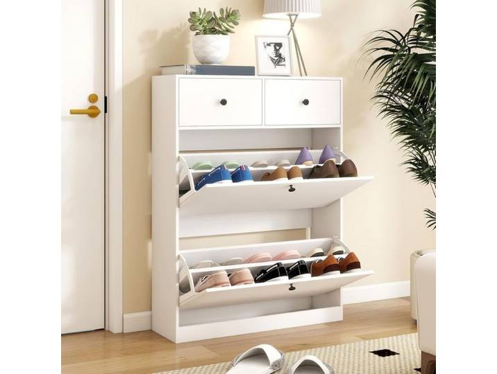PULUOMIS Meuble à Chaussures - 2 Portes et 2 Tiroirs - Meuble d'Entrée - 80 x 24 x 106 cm - Blanc
