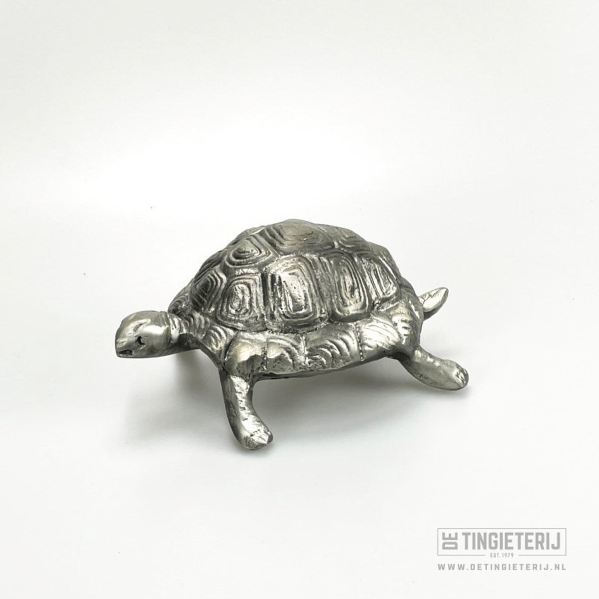 Tinnen Schildpad Beeldje – Handgemaakt Miniatuur Dier – Decoratief Tinnen Dierenbeeld