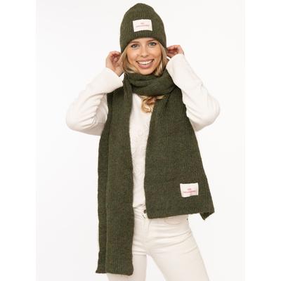 Strickschal ZWILLINGSHERZ "Zwillingsherz Patch", Damen, khaki, Strick, Materialmix, unifarben, Modetücher, gerippt, mit Wolle und Patch