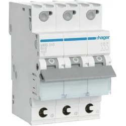 Hager, Schutzschalter, MBS310. Nennstrom: 10 A, AC Eingangsfrequenz: 50/60 Hz. Typ: B-type, Module Menge (max): 3 Modul(e).