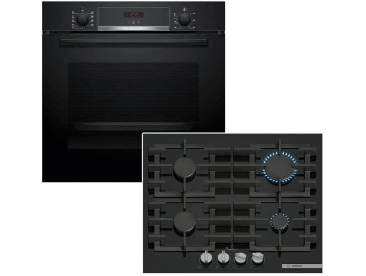 BOSCH Backofen-Set Hydrolyse 3D-Heißluft 71 L + Gaskochfeld Flame Select Zündsicherung, Hydrolyse