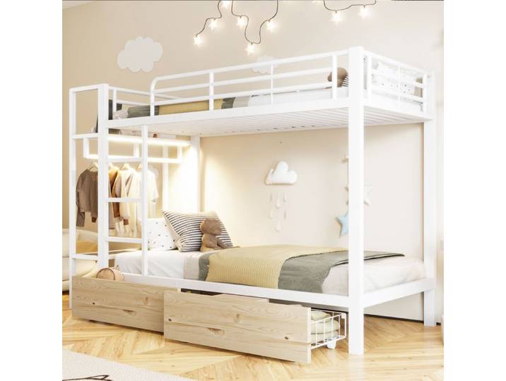 Lit superposé - MERAX - 90x200 LED & rangement - Métal+MDF - 2 tiroirs - Penderie