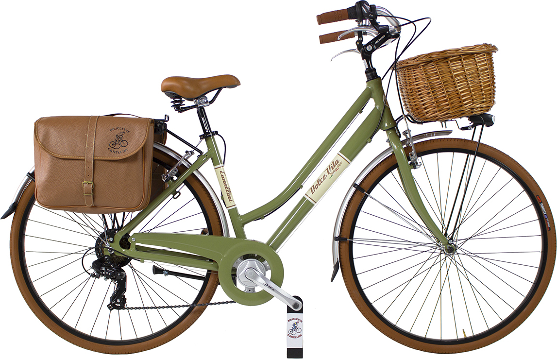 Dolce Vita by Canellini Fahrrad Citybike Frau Aluminium mit Korb und Tasche - Olivegrun M