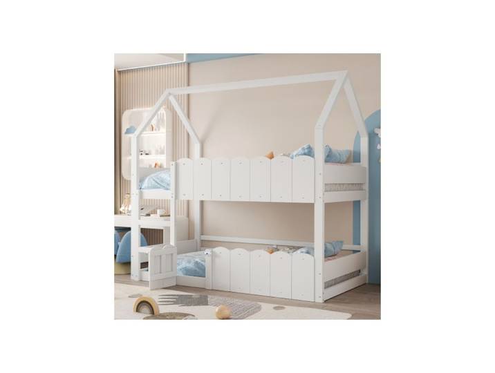 Lit superposé enfant 90 x 200 cm avec 1 sommier à lattes lit cabane pour les garçons et les filles Cadre en bois Blanc