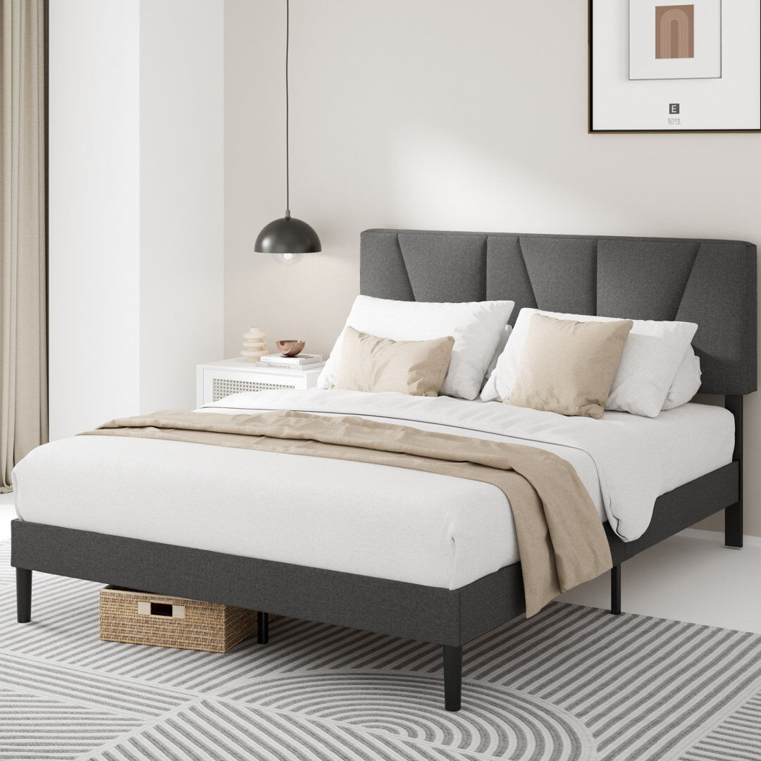 17 Stories Beda Upholstered Bed Frame with Padded Tufted Headboard Grey Double (4'6)