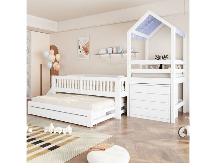 Lit cabane enfant - MAISENTIEL - Lit cabane enfant - 90x200 + gigogne 90x190 - 4 tiroirs + tiroirs roulants - Bois blanc