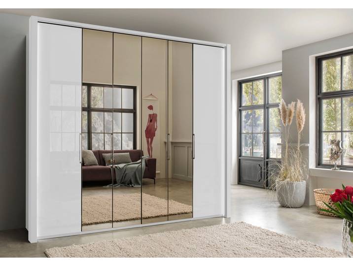 Kleiderschrank, Holzwerkstoff, Weiß/Weißglas und Spiegel, 250 cm, Drehtüren mit Selbstöffnungsfunktion, Wiemann Kansas