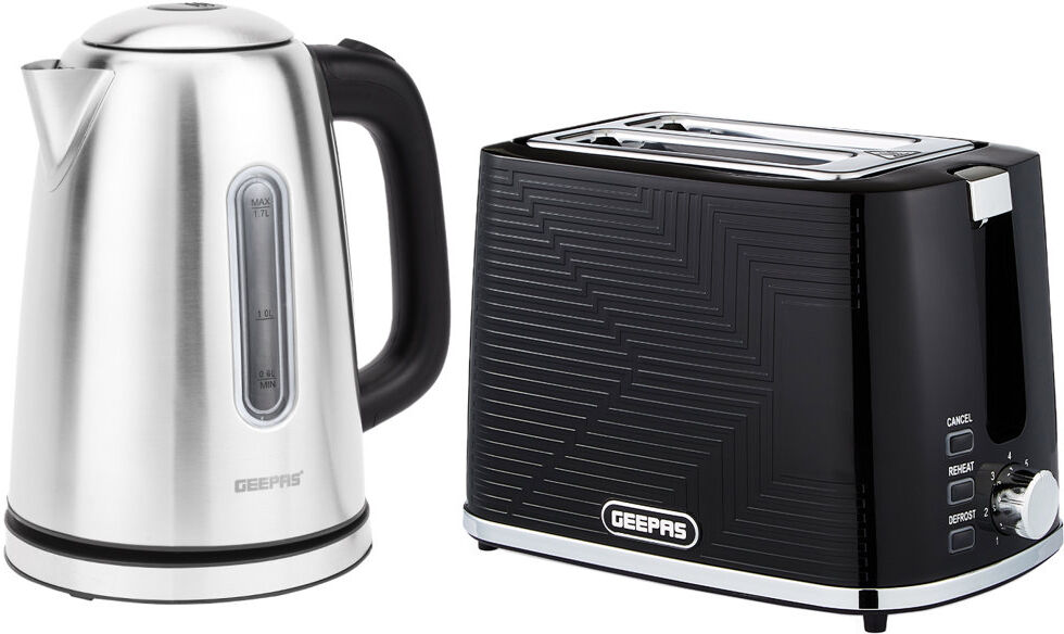 GEEPAS 1.7L Illuminating Electric Kettle & 2 Slice Bread Toaster Combo Set   2200W Stainless Steel Cordless Jug Kettle   900W Toaster with 7 Browning Black;Silver 1.7L