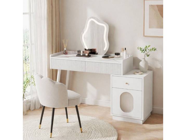 Coiffeuse - ZEVKOR - 100 x 40 x 75 cm - Miroir LED 3 niveaux - Rangement latéral et 2 tiroirs - Finition cannelée