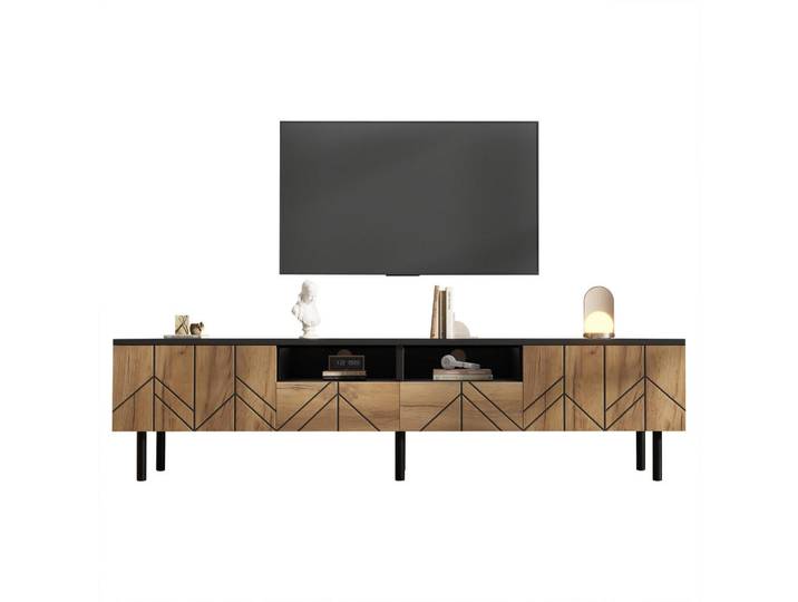 Flieks Tv-Schrank 180cm Schubladen Türen Schwarz Holzoptik Lowboard, Mehrfarbig, 180x45x40 cm, Wohnzimmer, TV Möbel, Lowboards, Lowboards stehend