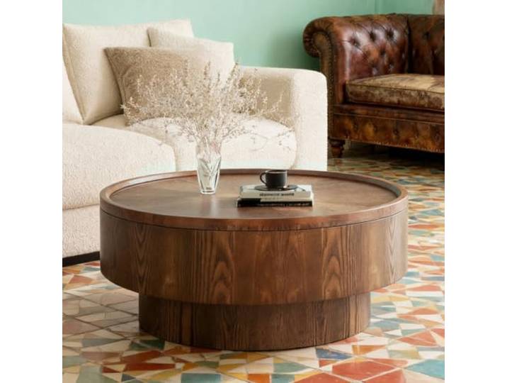 WUPDPQS 30 inch Runder Couchtisch mit Stauraum, B 78CM Für Wohnzimmer, Holz Geriffelt, Trommelform, Klappdeckel, Moderne Mitte Jahrhunderts Stil, Niedriger Rund Wohnzimmertisch
