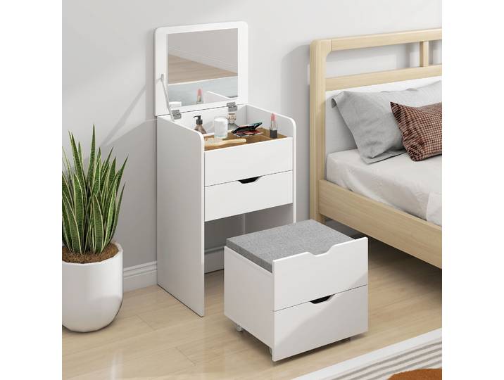 HOMCOM Coiffeuse 3 en 1 Blanche avec Miroir Rabattable et Tabouret