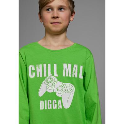 Langarmshirt KIDSWORLD "CHILL MAL DIGGA", Jungen, Gr. 128/134, grün (neongrün), Jersey, Obermaterial: 100% Baumwolle, bedruckt, Basic, Rundhals, Shirts Langarmshirt, Langarm, Basic-Passform, mit peppigem Aufdruck