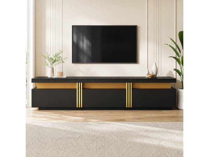 Meubliv Meuble Tv 200x40x42 Cm Noir – 3 Tiroirs\, Gestion Des Câbles\, Tv Jusqu'à 90 Pouces