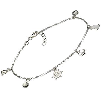 Fußkette VIVANCE "925 Sterling Silber rhodiniert maritime Motive", weiß, Fußketten, Damen, 23+2cm, Silber 925 (Sterlingsilber), glänzend