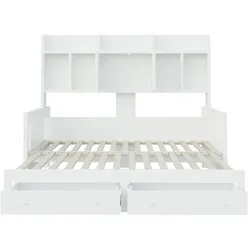 OKWISH Schlafsofa Holz Weiß 193,6x140x97 cm, ausziehbar auf 180x190 cm, mit Schubladen, Stauraum, Steckdose und LED