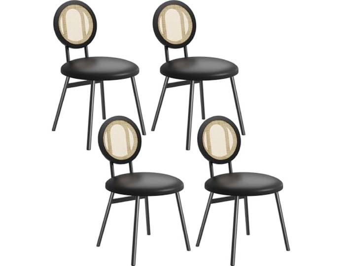 GarveeMore Rattan-Esszimmerstühle Set, PU-Leder, Schwarz, 4er-Pack Gepolsterte Sitzfläche, Runde Rattan-Rückenlehne, stabiles Metallgestell - moderne Küchenstühle