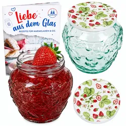2er Set Frutta Vaso Marmeladenglas 580ml mit Wald-Erdbeere Deckel TO82 Heft