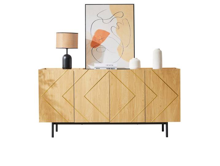 Flieks Sideboard Buffet 4 Türen Naturholz 160x40x78cm, Naturfarben, 40x78x160 cm, Kleinmöbel, Kommoden, Sideboards