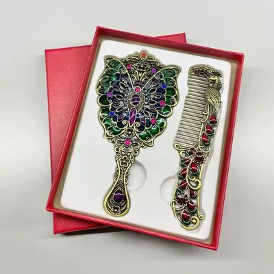 Fusion Finds Vintage Handheld Mirror Peacock Makeup Mirror & Comb Set Decorative Metal Vanity Gift cyan