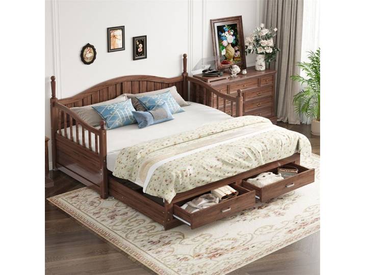 Lit Banquette 90x190 avec Rangement et Sommier Banquette Lit W180cm en Bois Massif Lit pour Adulte Colonnes Romaines Marron