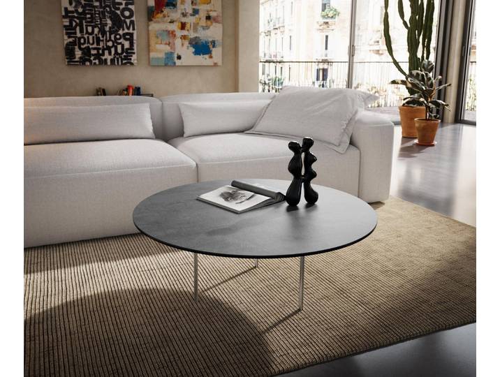 DELIFE Couchtisch Edge Rund 90x90 cm Keramik Beton Grau Trive Metall Schwarz