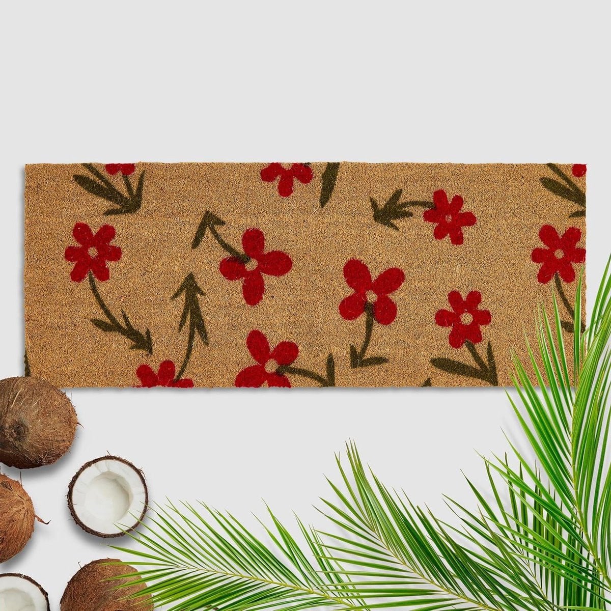 Buiten deurmat Kokosmat Entree met rode bloemen - 140 x 200 cm