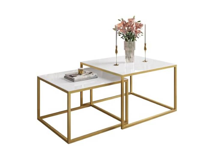 Lookway Couchtisch Yoshi 2in1 Glass mit Glasplatte Gold matt Gestell Quadratische Tische 60x60 & 70x70 cm Moderner Wohnzimmertisch für Glamour & Eleganz (Weiß Glass)