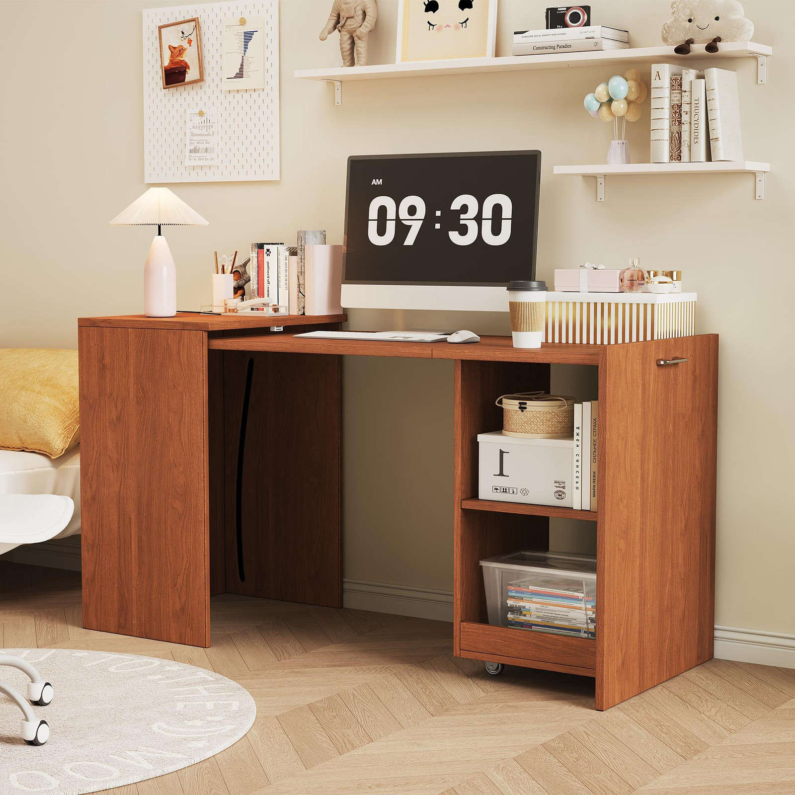 Flieks multifunctioneel computerbureau met twee opbergvakken, walnootkleur, B: 126 cm, D: 55 cm, H: 75 cm