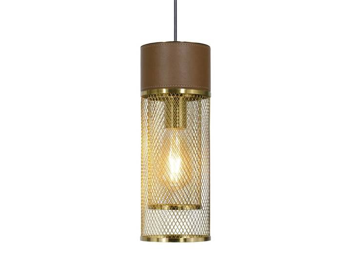 Suspension d13 en métal grillagé doré et simili cuir marron