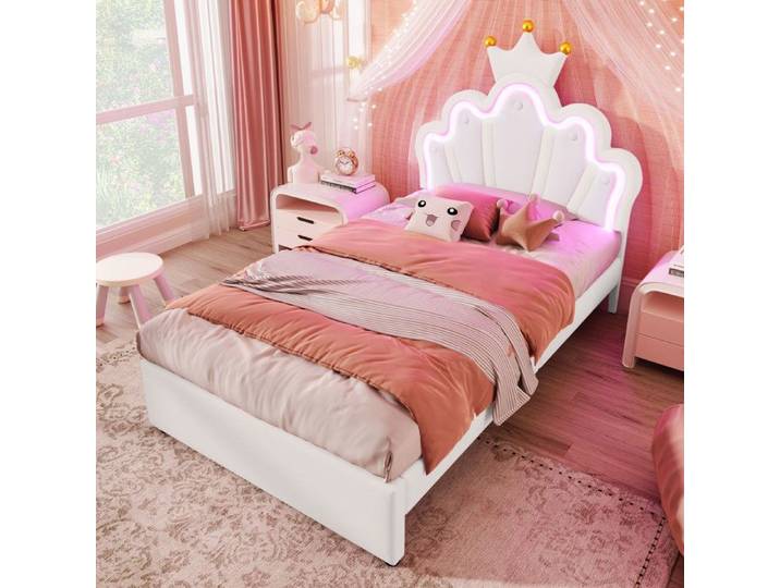 ModernLuxe Lit enfant rembourré 90x200 cm - avec LED et 2 tiroirs - Blanc