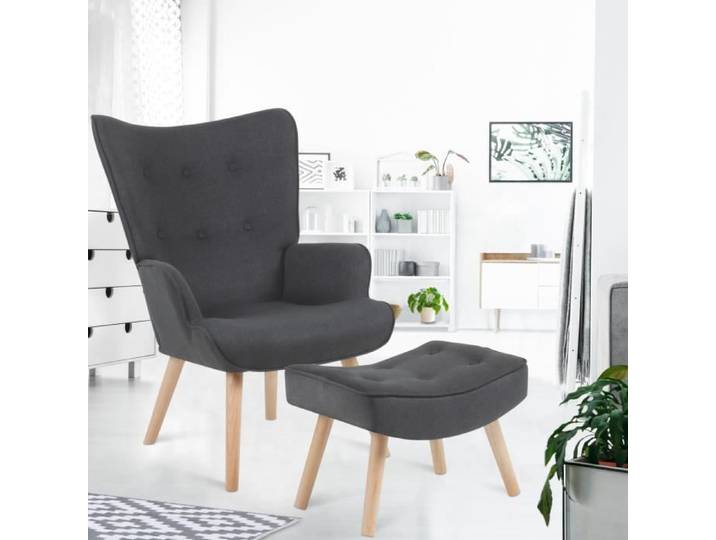 IDMARKET Fauteuil scandinave IVAR avec repose pieds gris anthracite