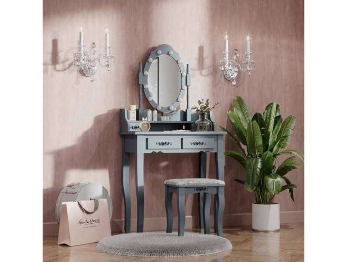 Vicco Schminktisch Maggie , Grau 75 cm LED-Spiegel · Hocker · 4 Schubladen · Freistehend · Elegante Optik