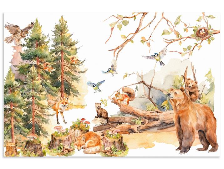 Wandbild ARTLAND Die Tiere des Waldes , bunt (farbe bild(er): grün), B:90cm H:60cm, Alu Dibond, Bilder, Wandbild, als Alubild, Leinwandbild, Poster, Wandaufkleber in verschied. Grössen